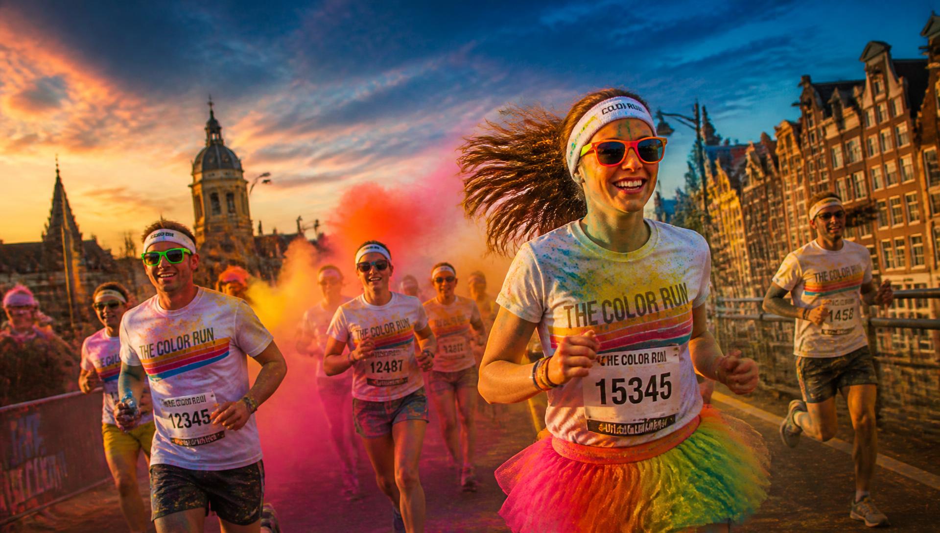 Lachende deelnemers tijdens een kleurrijke funrun